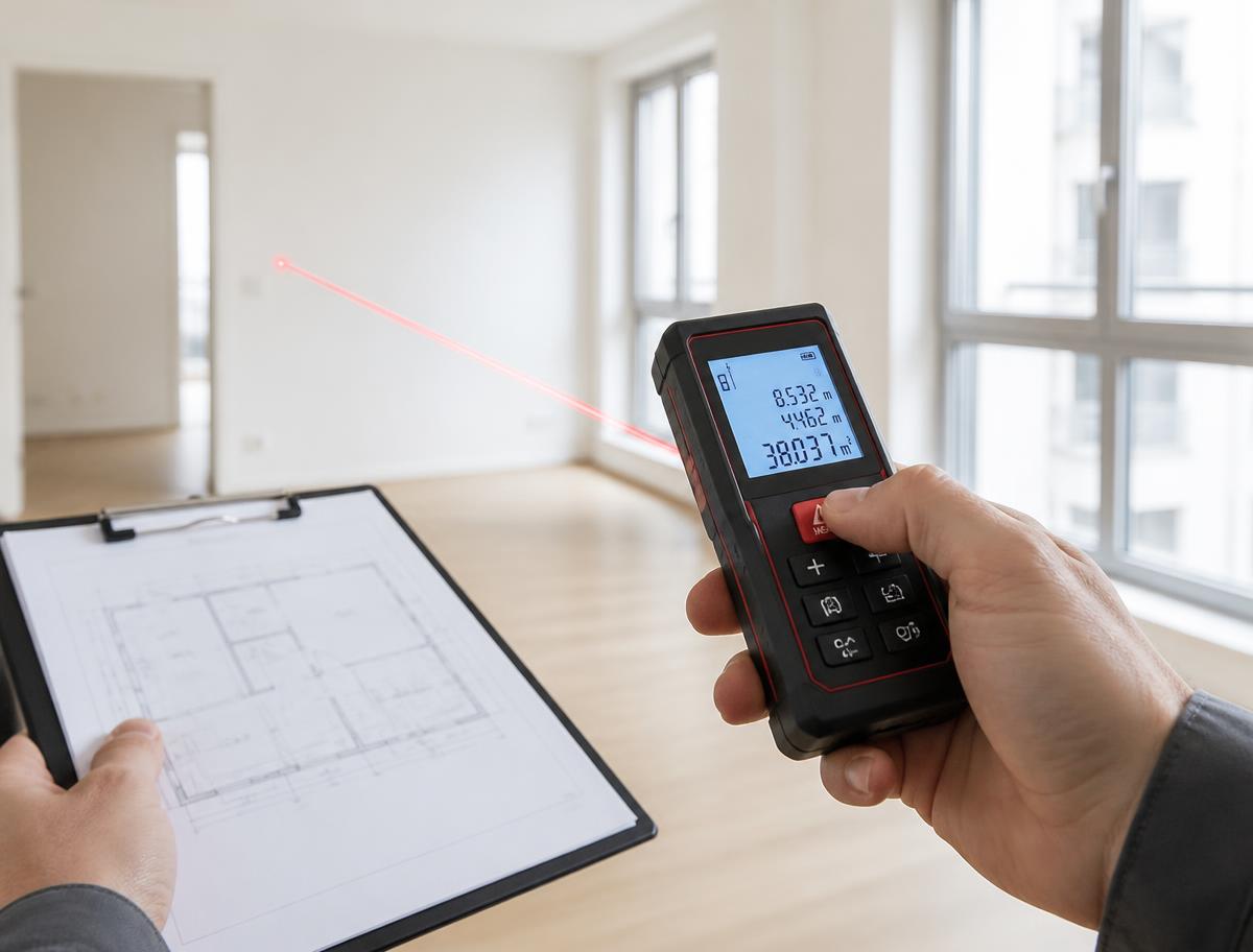 Engenheiro medindo ambiente de apartamento com trena laser durante vistoria técnica